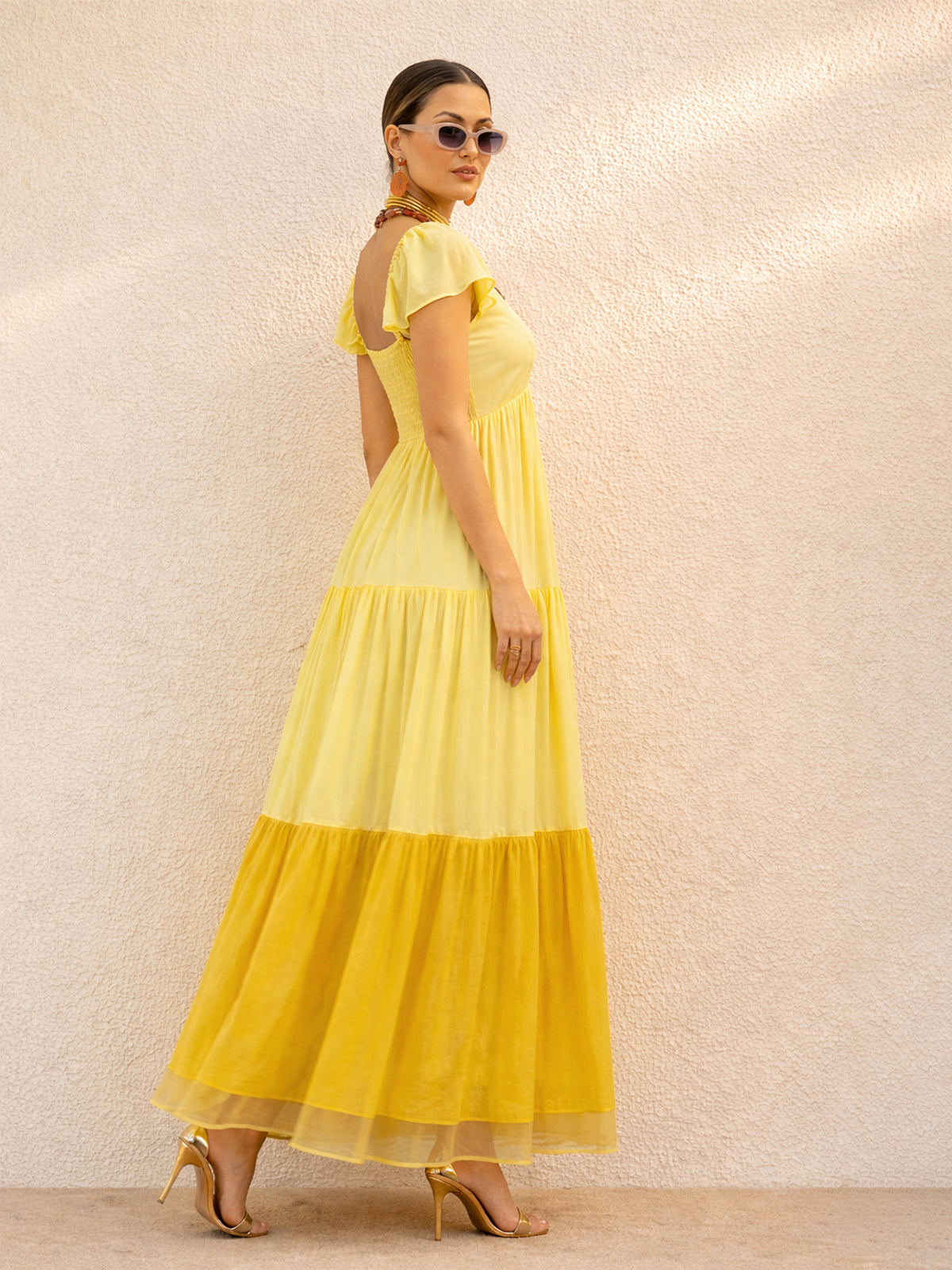 Yellow Colour Blocked Frill Sleeves Tiered Maxi Dress-SASSAFRAS