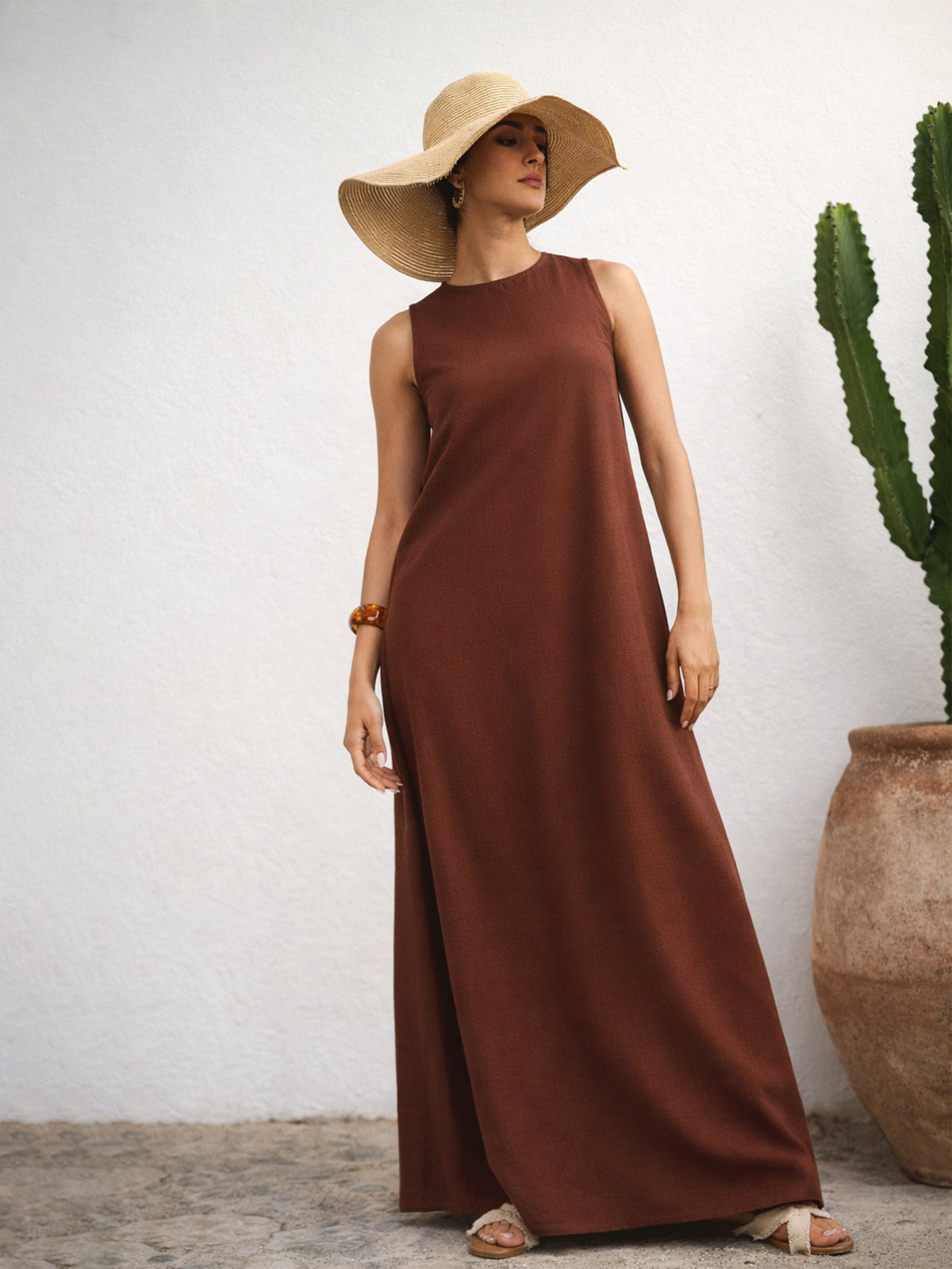 Brown Solid Sleeveless A-Line Maxi Dress -SASSAFRAS