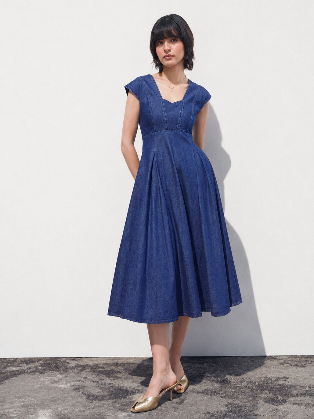 Navy Denim Sweetheart Neck A-Line Midi Dress-SASSAFRAS