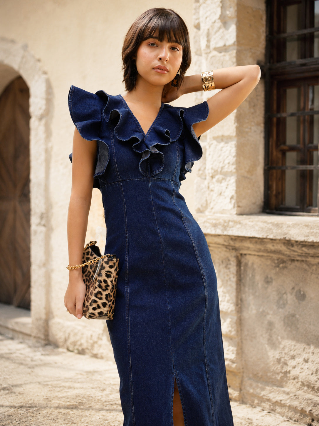 Navy V Neck Front Ruffle Midi Dress -SASSAFRAS