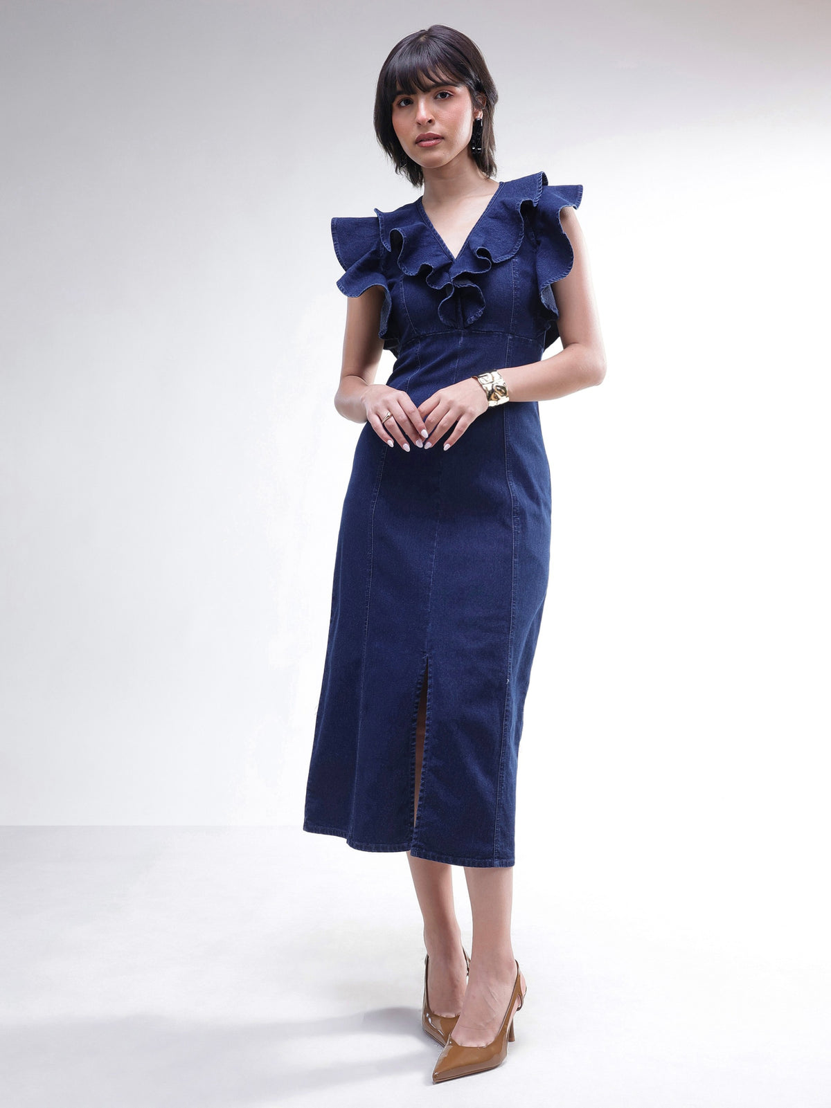 Navy V Neck Front Ruffle Midi Dress -SASSAFRAS