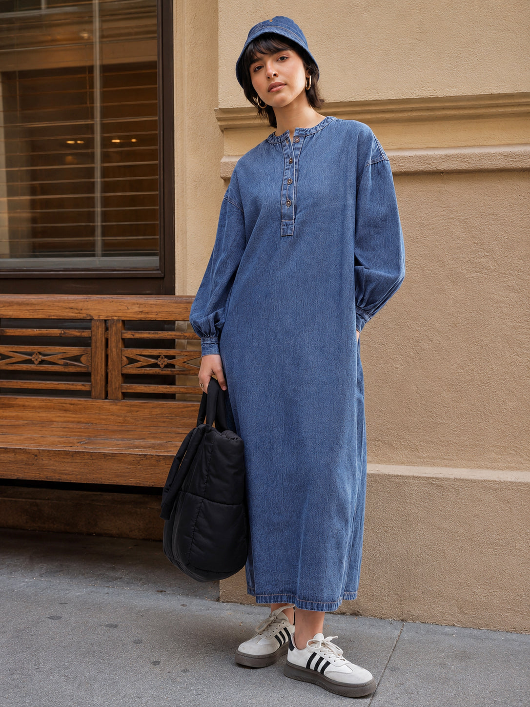 Blue Denim Oversized Full Sleeves Maxi Dress-SASSAFRAS