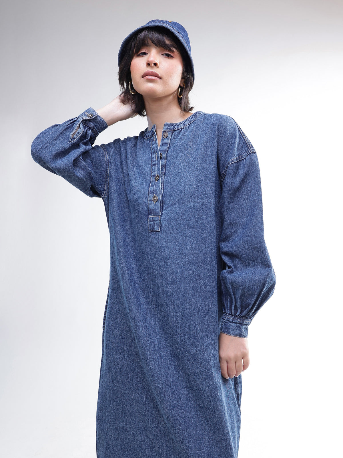 Blue Denim Oversized Full Sleeves Maxi Dress-SASSAFRAS