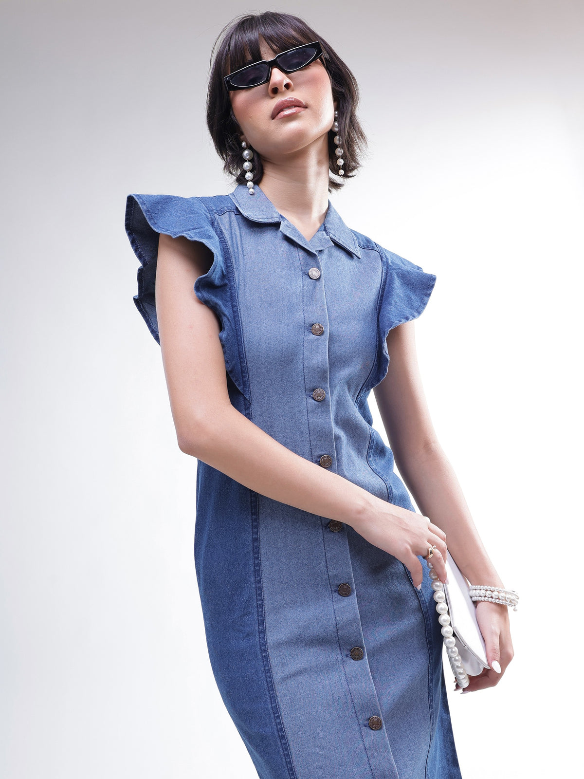 Blue Colour Block Denim Button Down Midi Dress -SASSAFRAS