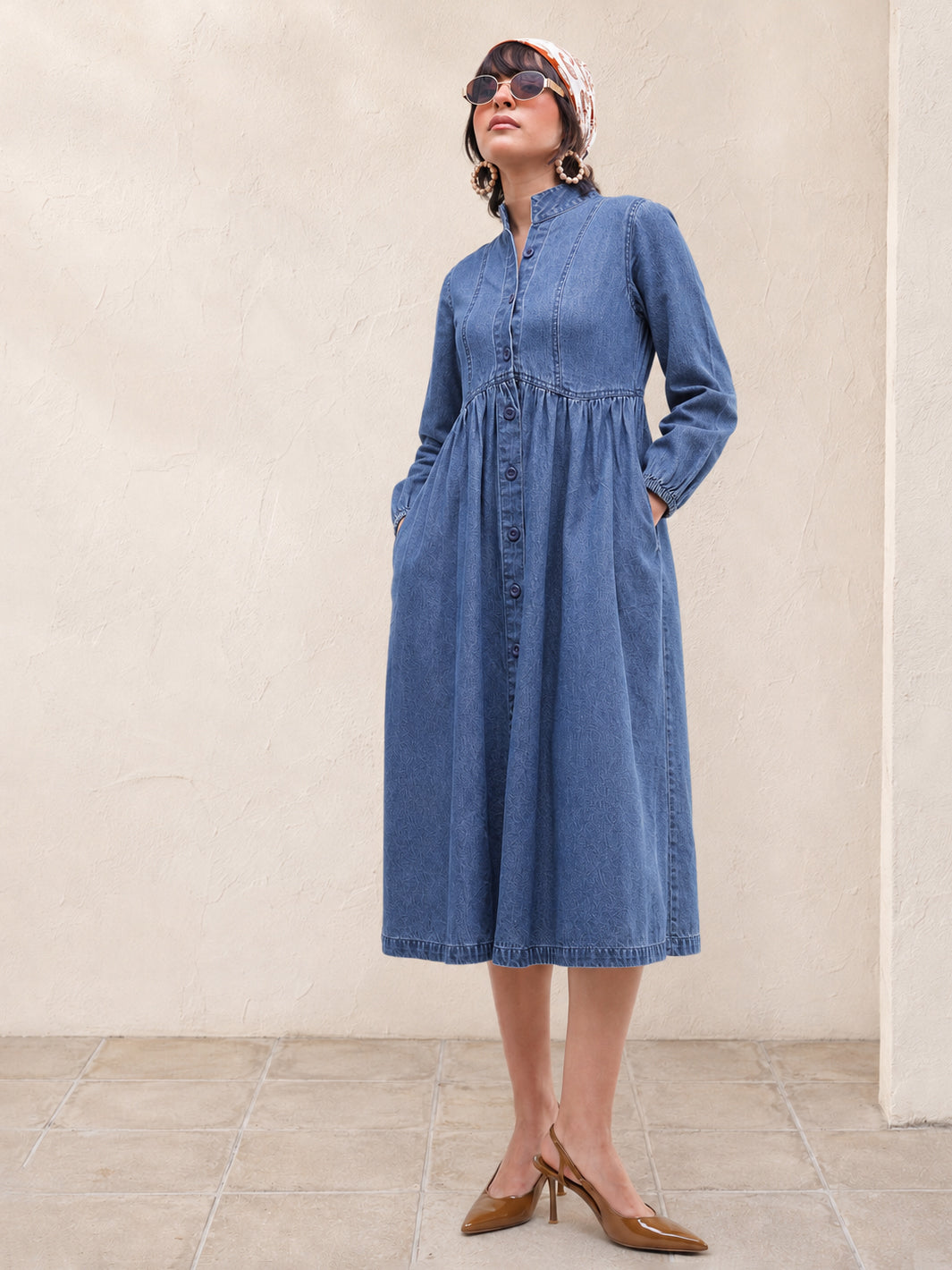 Blue Denim Front Button A-Line Midi Dress-SASSAFRAS