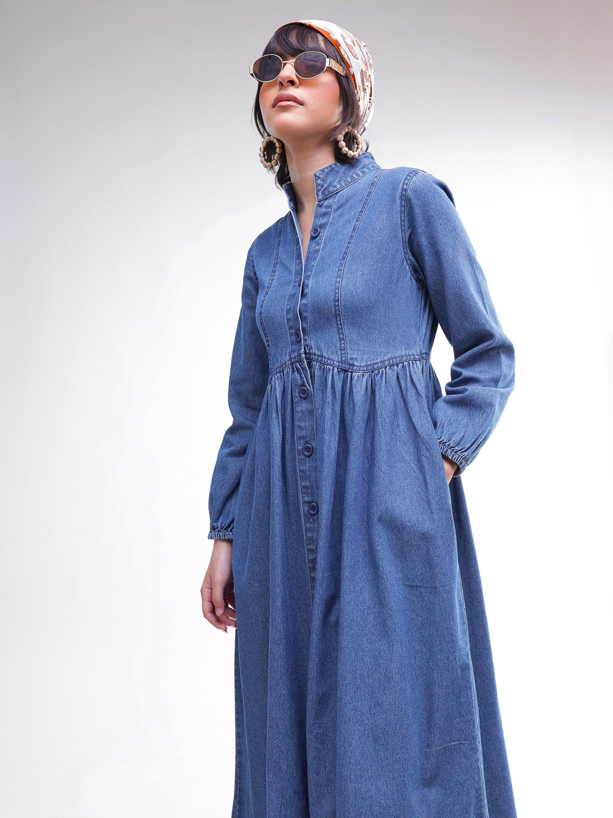 Blue Denim Front Button A-Line Midi Dress-SASSAFRAS