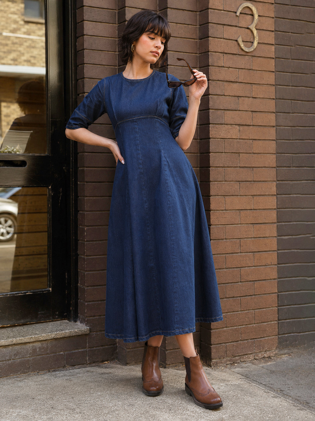 Navy Denim Short Sleeves Midi Dress-SASSAFRAS