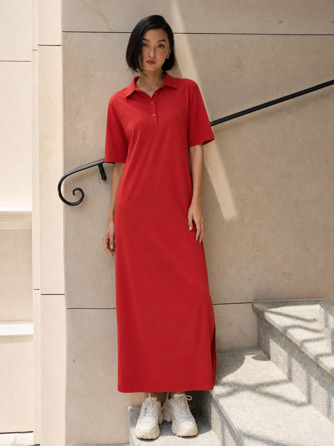 Red Oversized Polo Neck T-Shirt Maxi Dress-SASSAFRAS BASICS