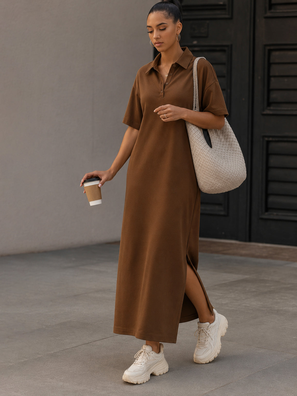 Brown Oversized Polo Neck T-Shirt Maxi Dress-SASSAFRAS BASICS