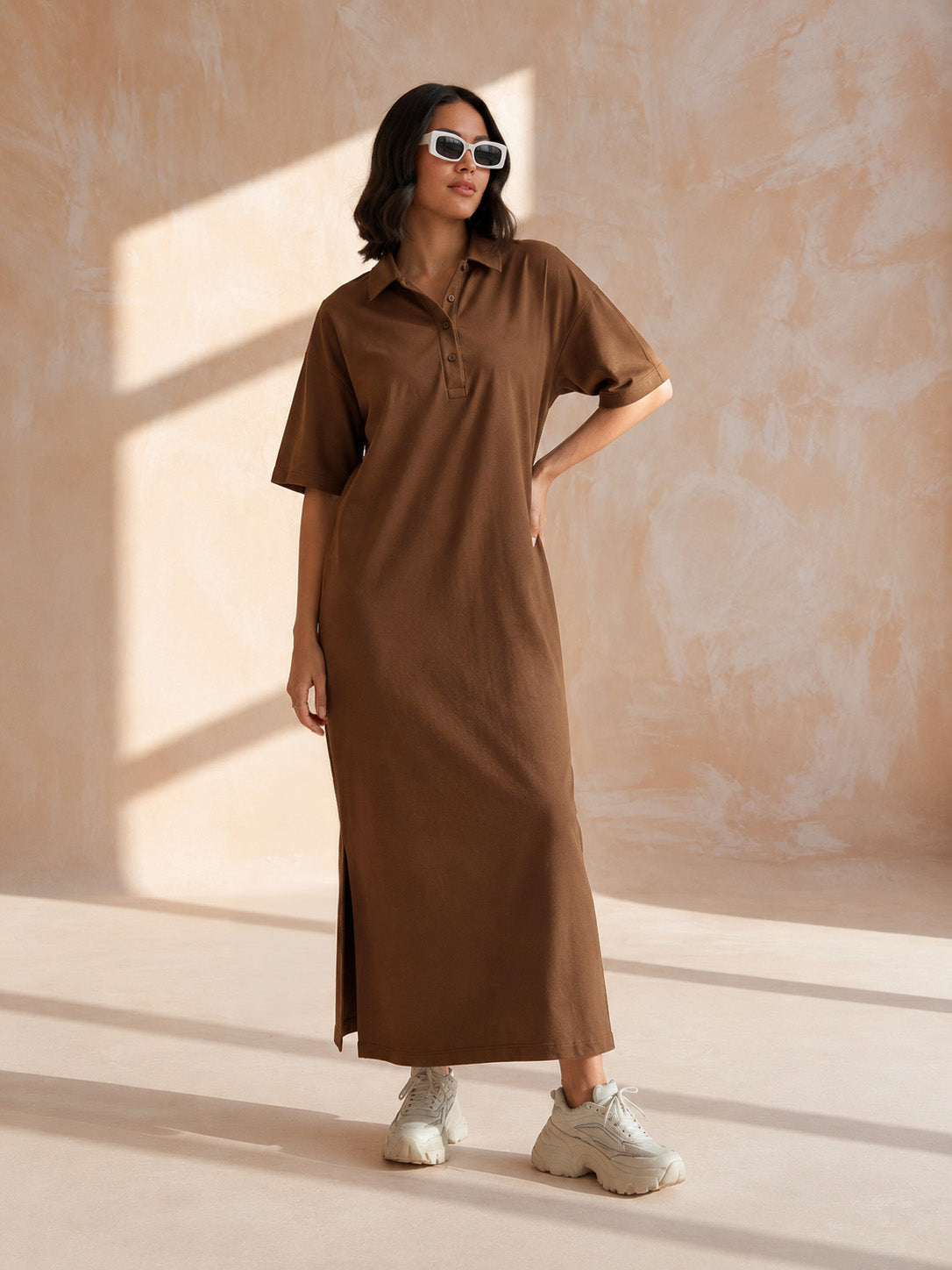 Brown Oversized Polo Neck T-Shirt Maxi Dress-SASSAFRAS BASICS