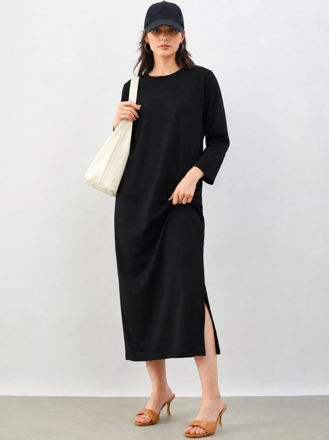 Black Long Sleeves T-Shirt Maxi Dress-SASSAFRAS BASICS