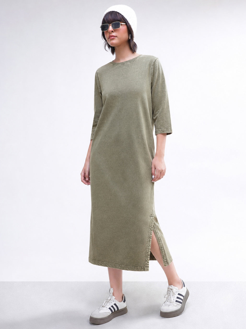 Green Overdyed Long Sleeves T-Shirt Maxi Dress-SASSAFRAS BASICS