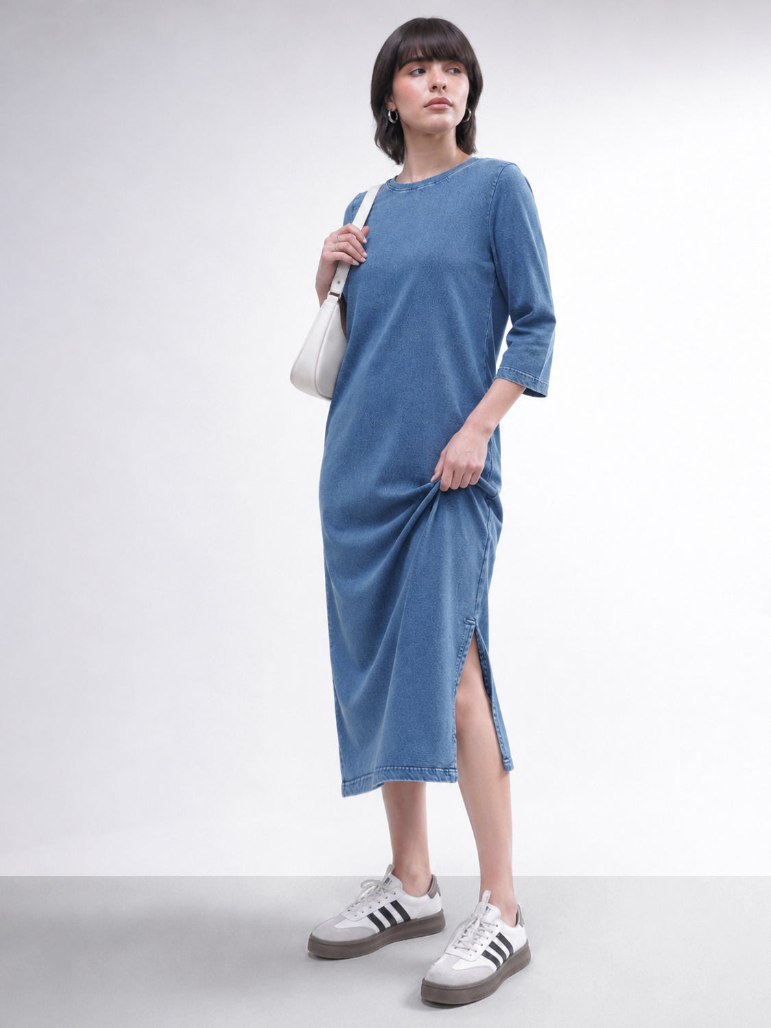 Blue Overdyed Long Sleeves T-Shirt Midi Dress-SASSAFRAS BASICS