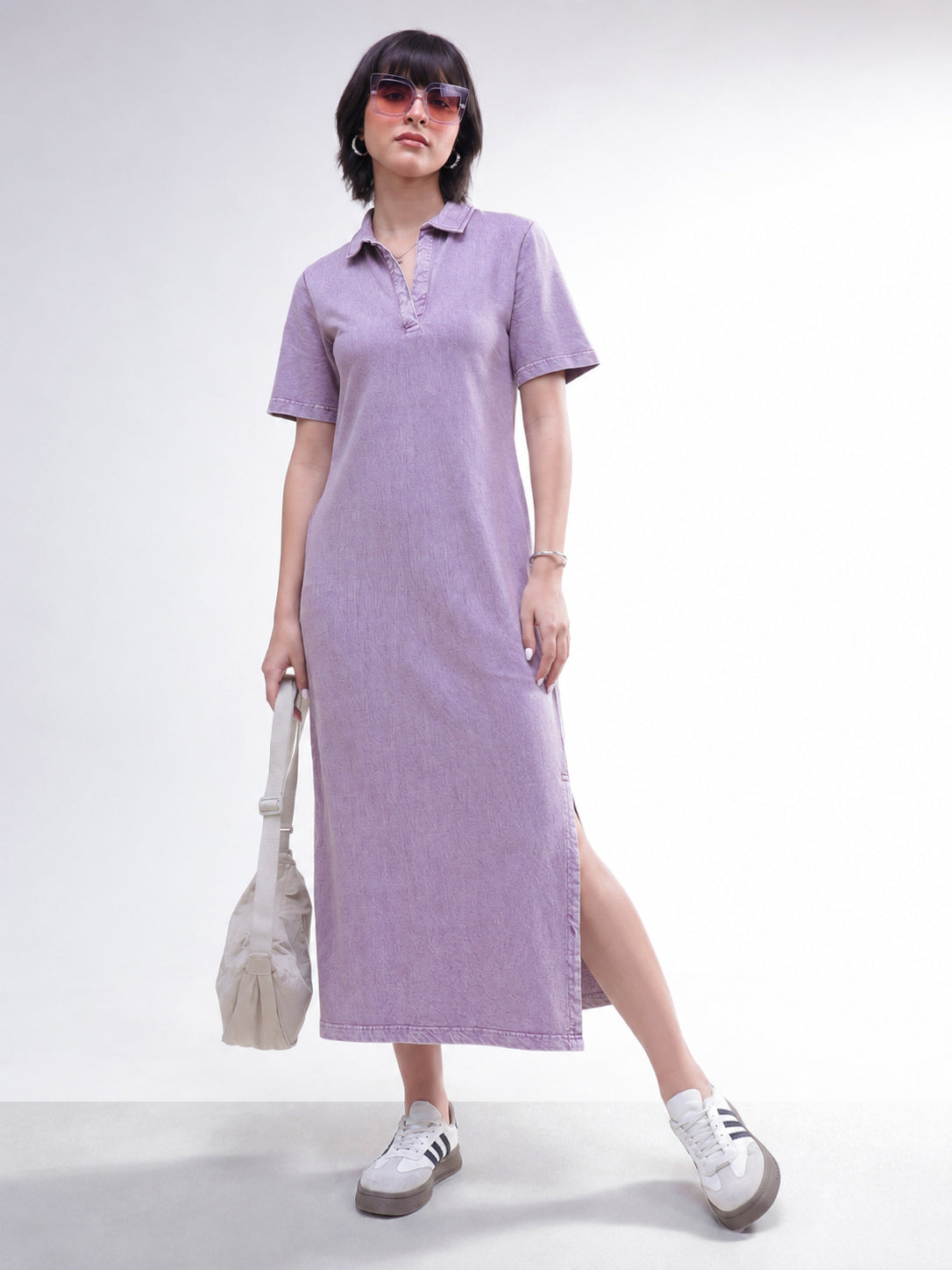 Lavender Overdyed Polo Neck T-Shirt Maxi Dress-SASSAFRAS BASICS