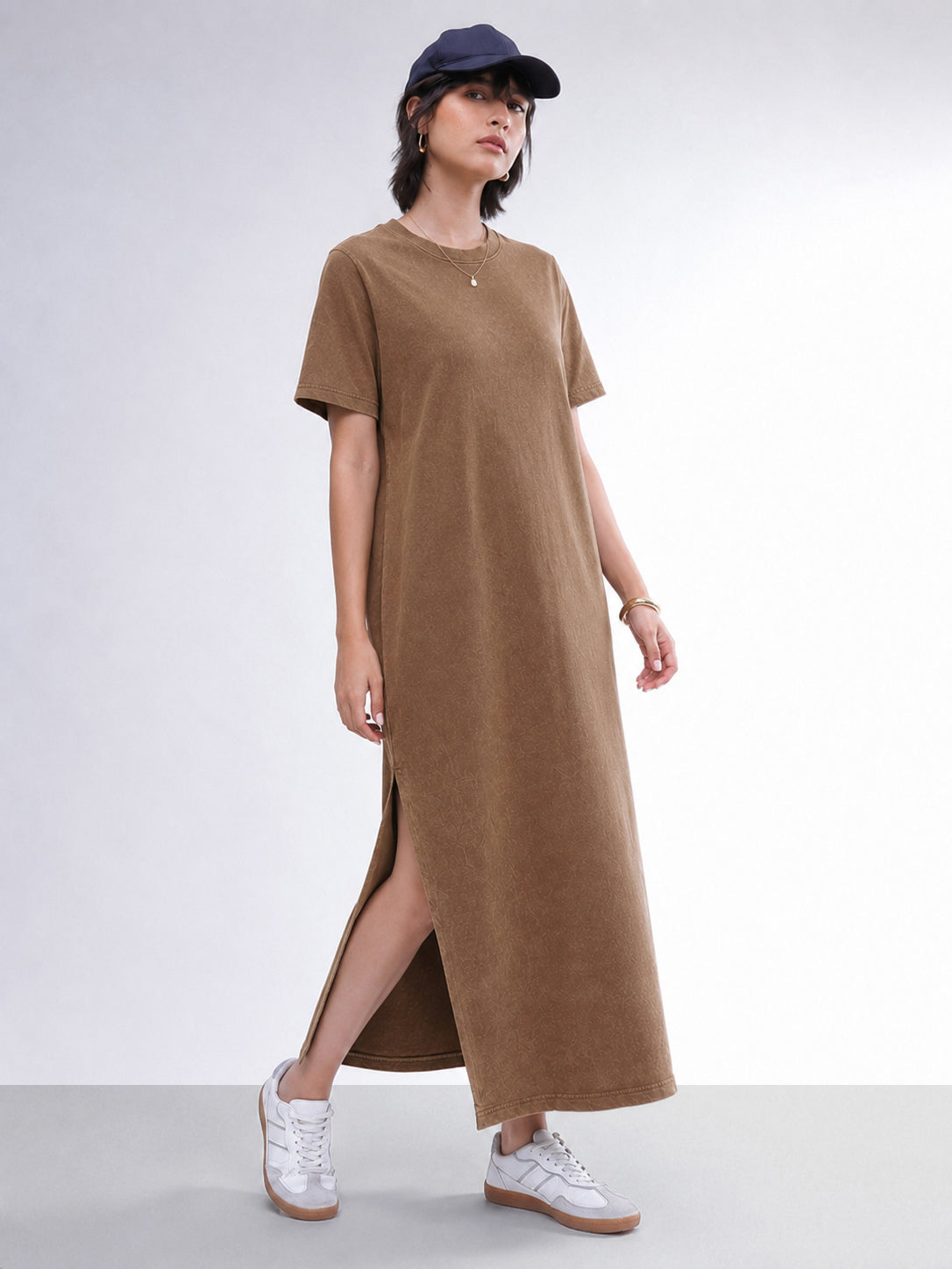 Brown Overdyed Short Sleeves T-Shirt Midi Dress-SASSAFRAS BASICS