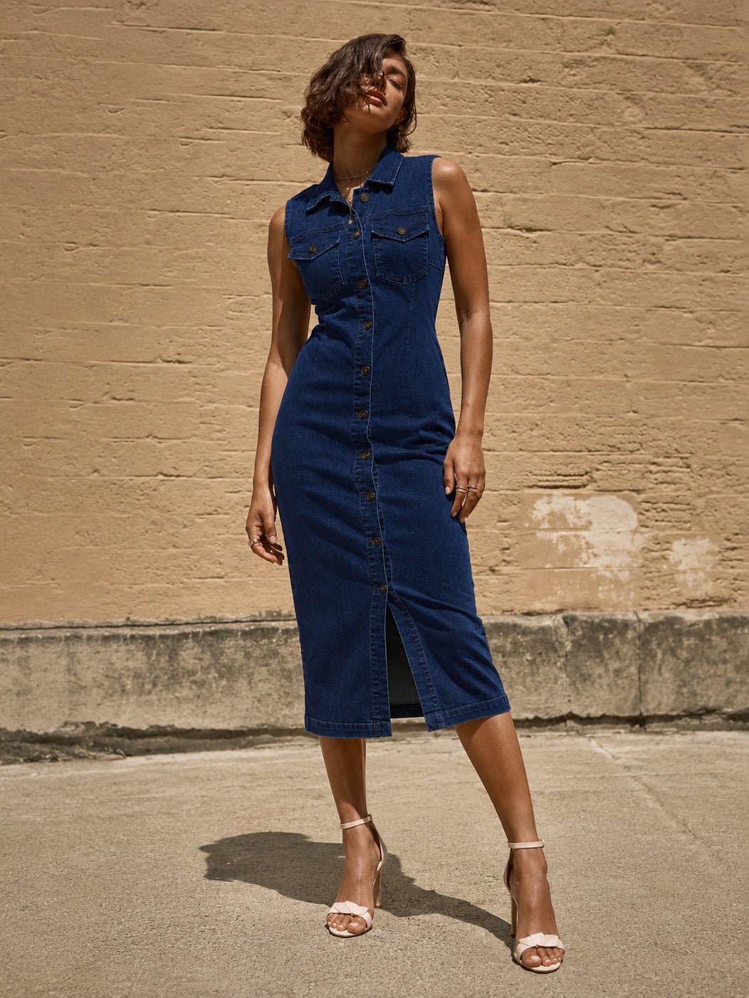 Navy Wash Denim Front Button Midi Dress-SASSAFRAS