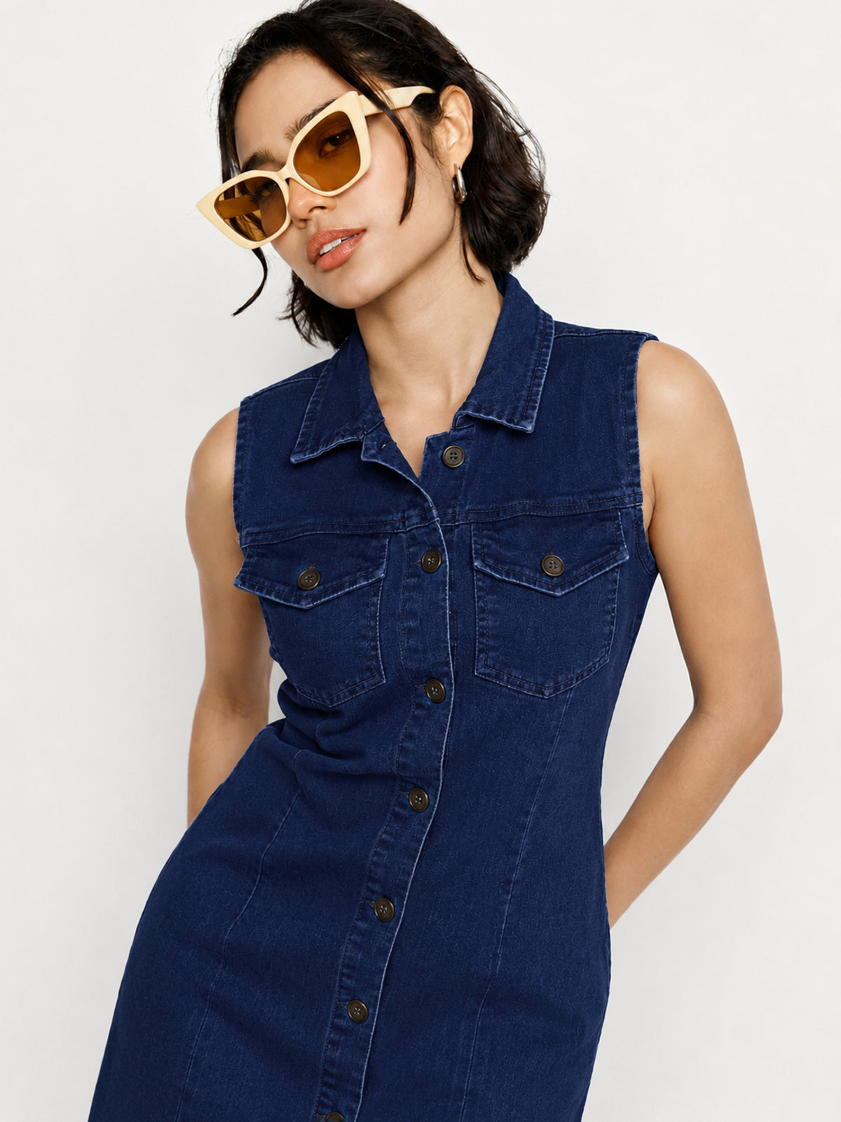 Navy Wash Denim Front Button Midi Dress-SASSAFRAS