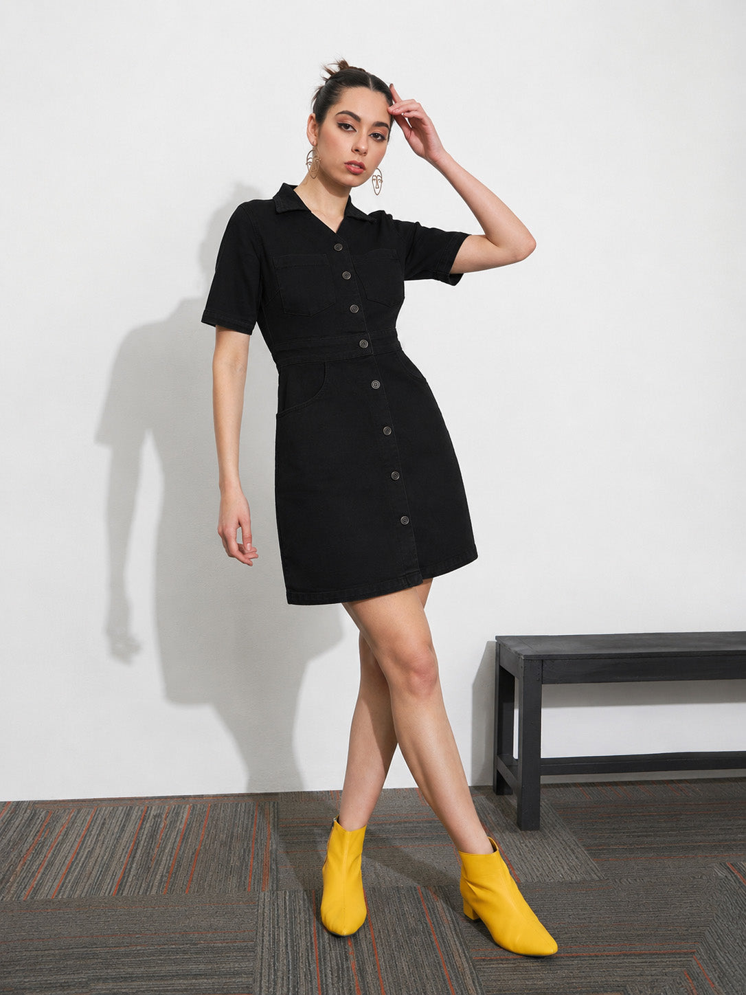 Black Denim Front Button Mini Dress-SASSAFRAS