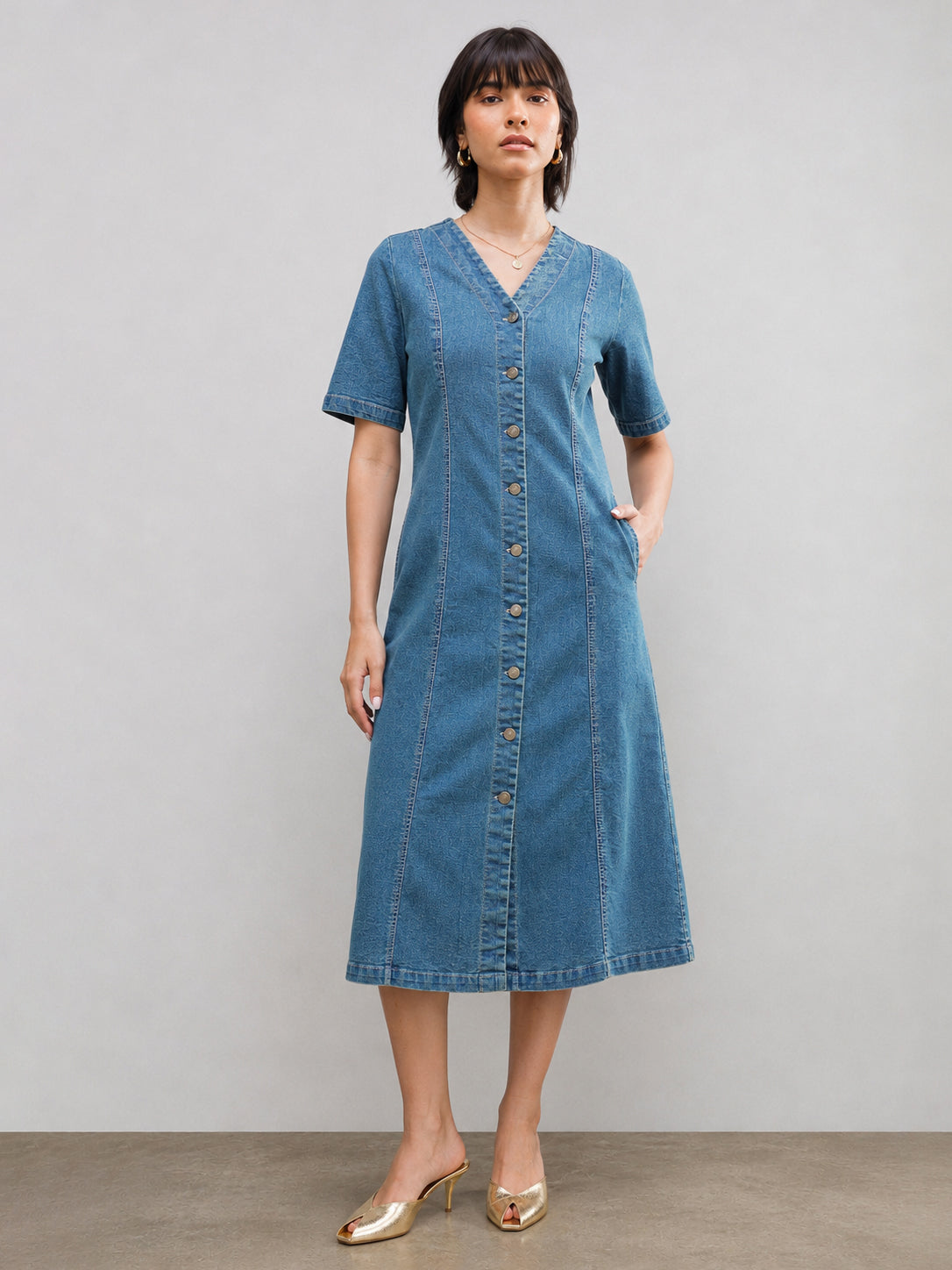 Blue Washed Denim Button Down Midi Dress-SASSAFRAS