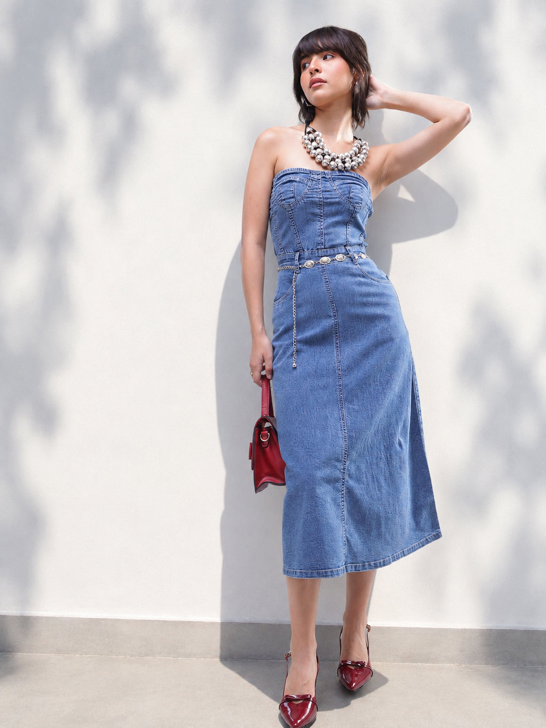 Blue Wash Denim Wash Tube Dress-SASSAFRAS