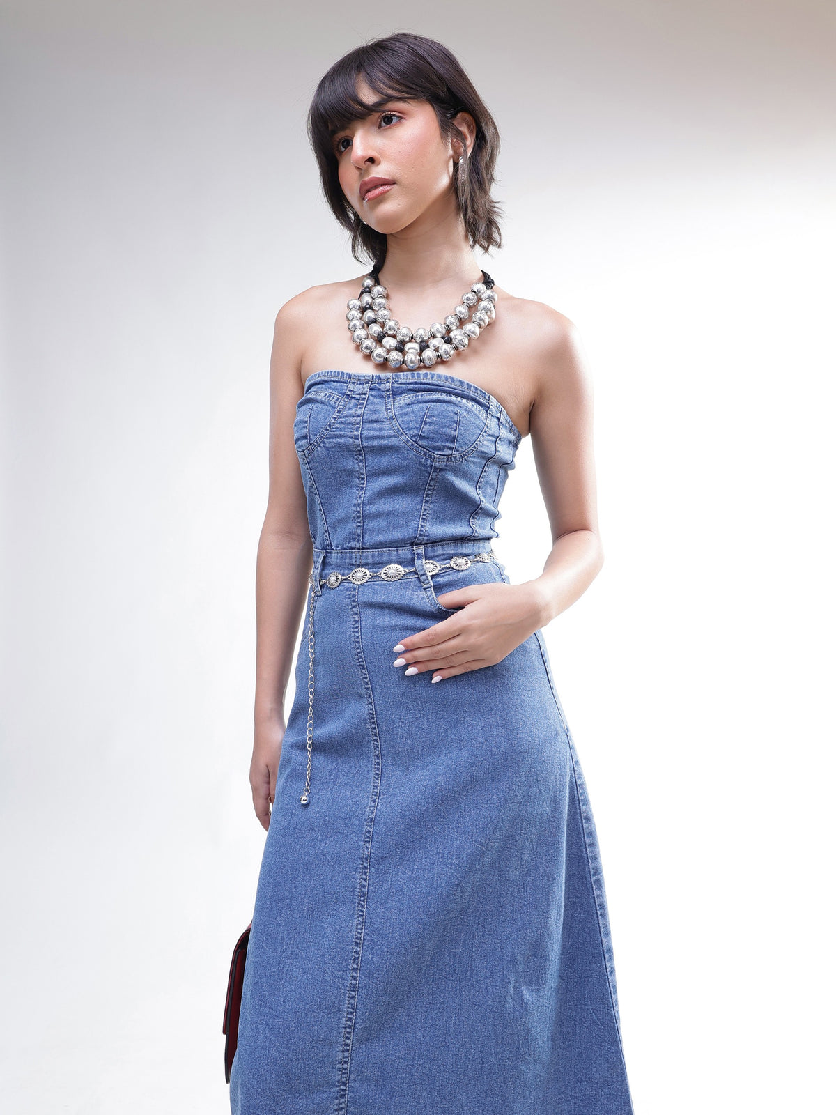 Blue Wash Denim Wash Tube Dress-SASSAFRAS