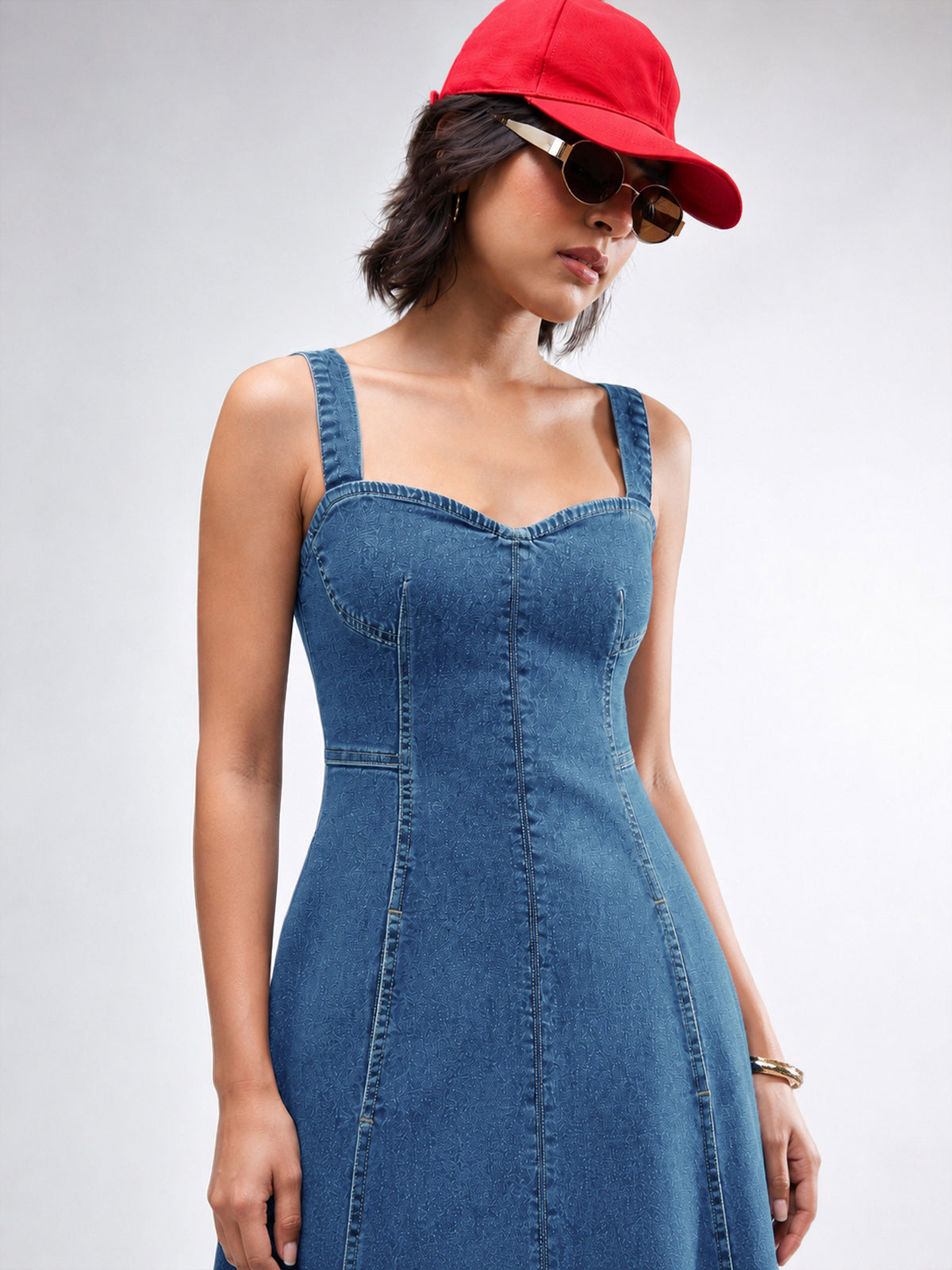 Blue Washed Denim Strappy A-Line Midi Dress-SASSAFRAS