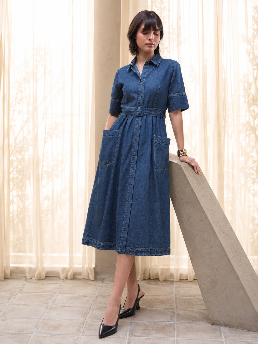 Buy Women Blue Acid Washed Denim Belted Maxi Dress Online at Best Price