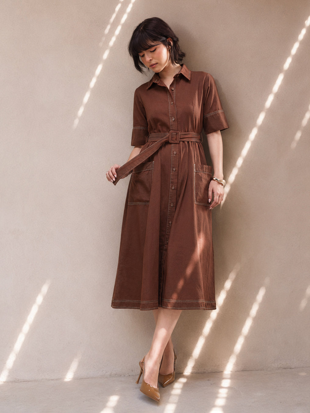 Brown Wash Denim Belted Maxi Dress-SASSAFRAS
