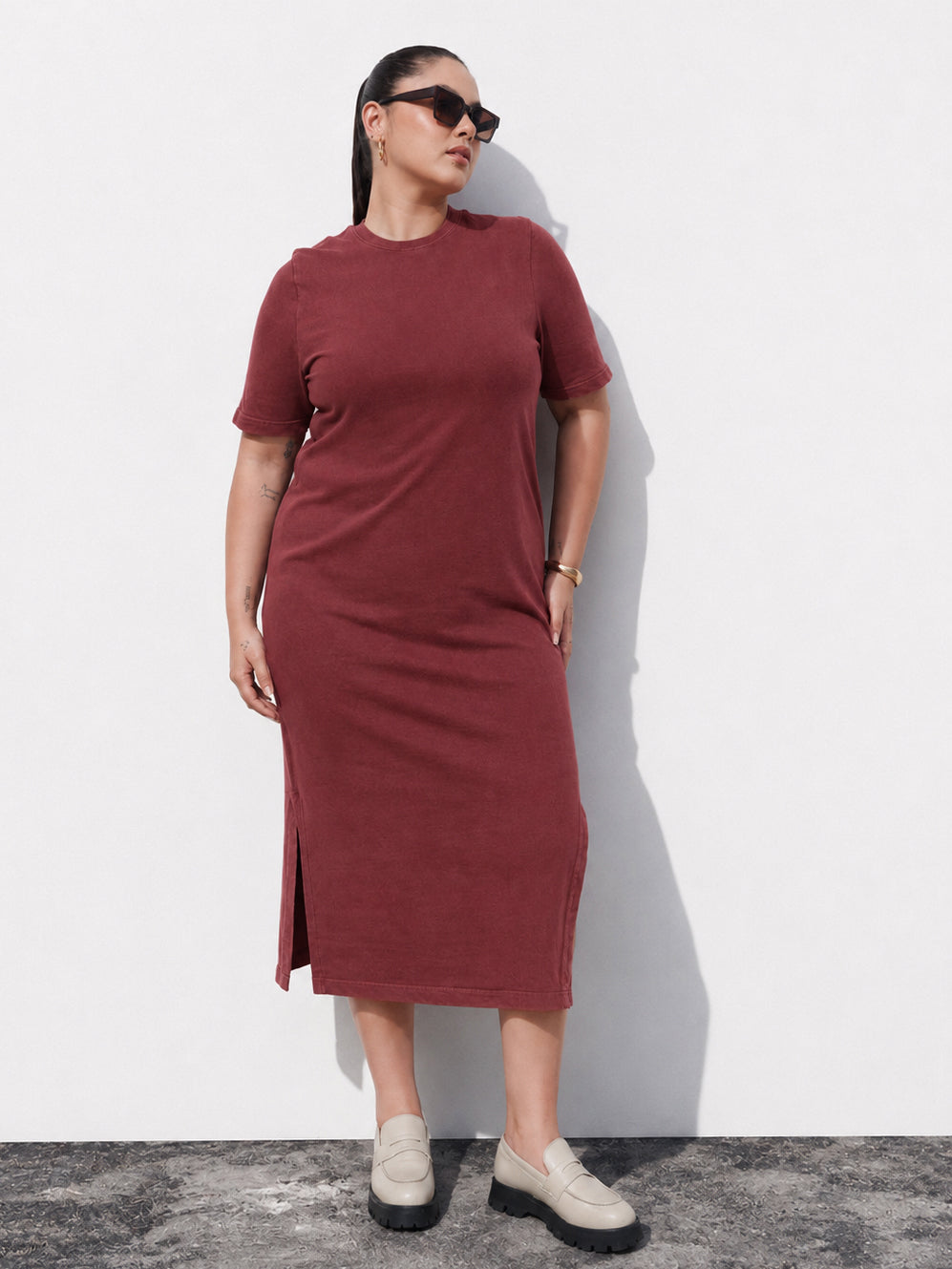 Red Overdyed Round Neck T Shirt Dress-SASSAFRAS Curve