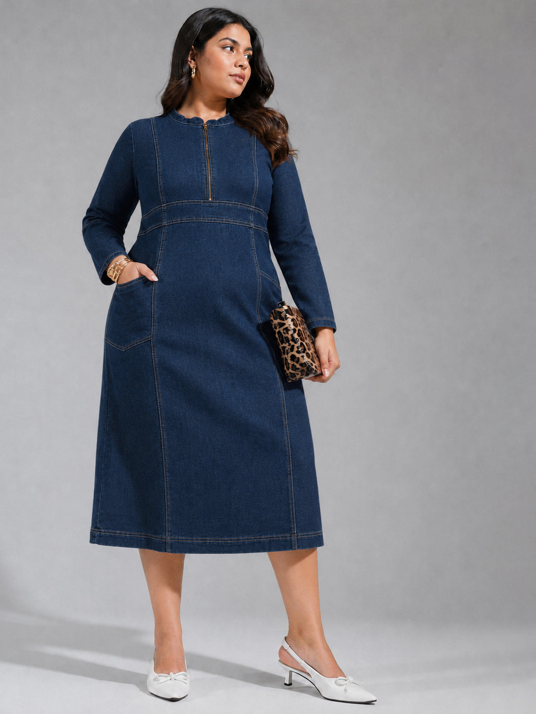 Navy Denim Front Zipper Midi Dress-SASSAFRAS Curve
