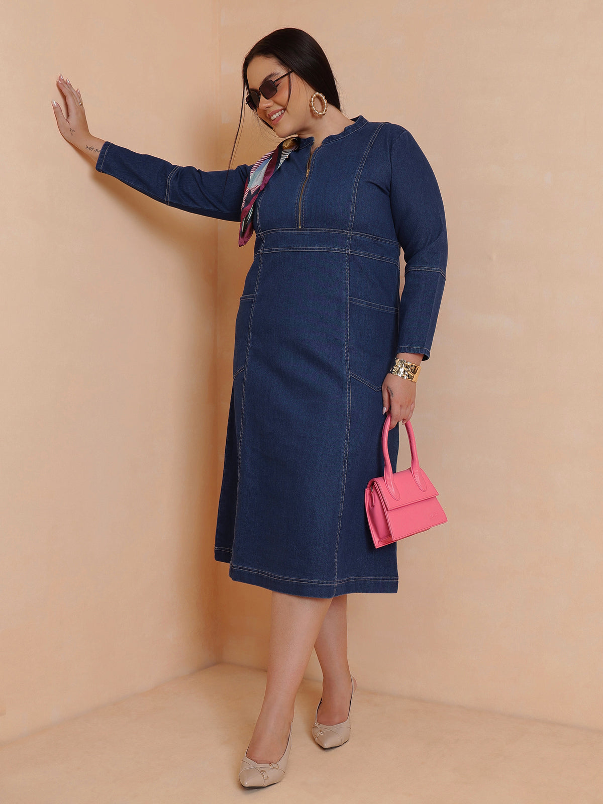 Navy Denim Front Zipper Midi Dress-SASSAFRAS Curve