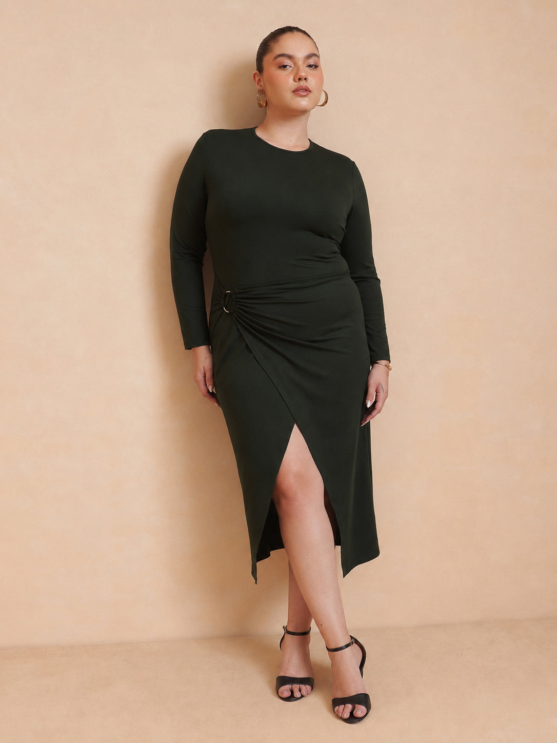 Olive Full Sleeves Wrap Dress-SASSAFRAS Curve