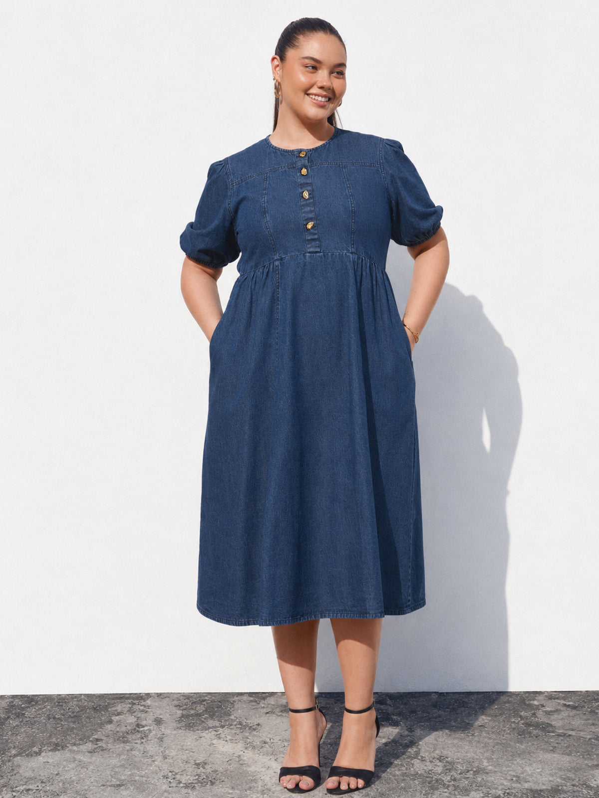 Navy Denim Front Button Midi Dress-SASSAFRAS Curve