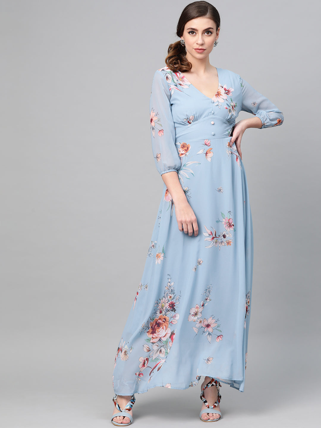 Buy Women Pale Blue Floral Flared Maxi Dress Online at Best Price