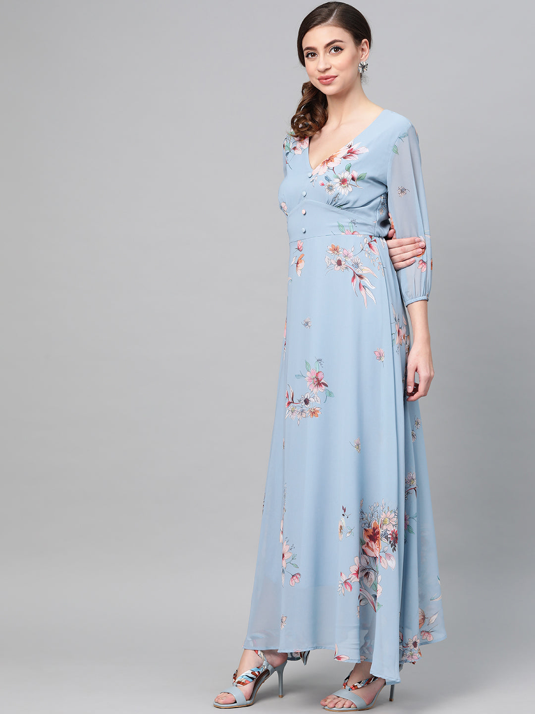 Pale Blue Floral Flared Maxi Dress-SASSAFRAS