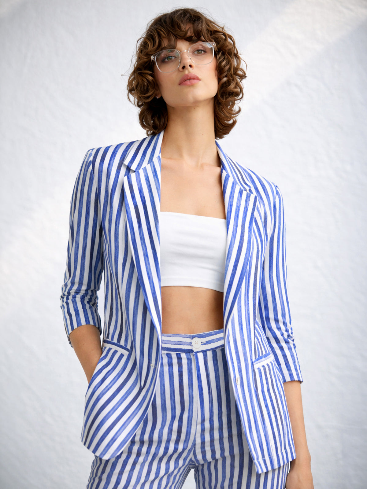 Blue Linen Striped Front Open Blazer-SASSAFRAS worklyf