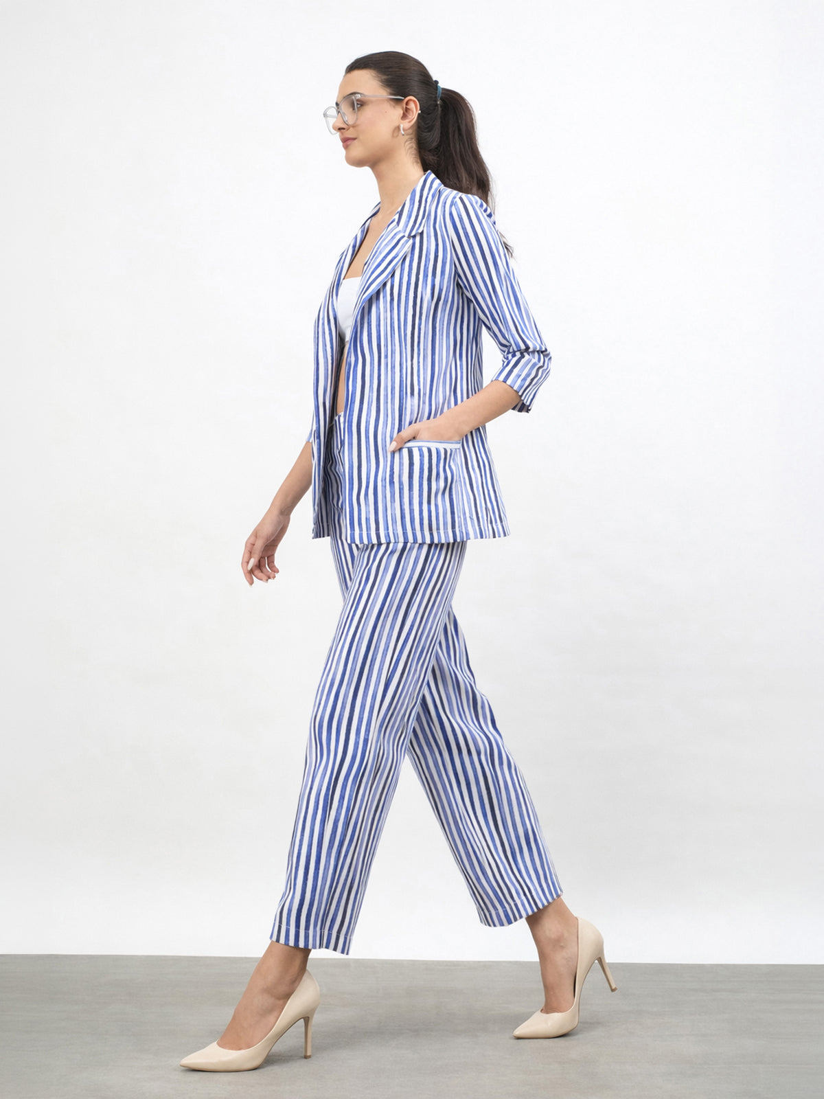 Blue Linen Striped Front Open Blazer-SASSAFRAS worklyf