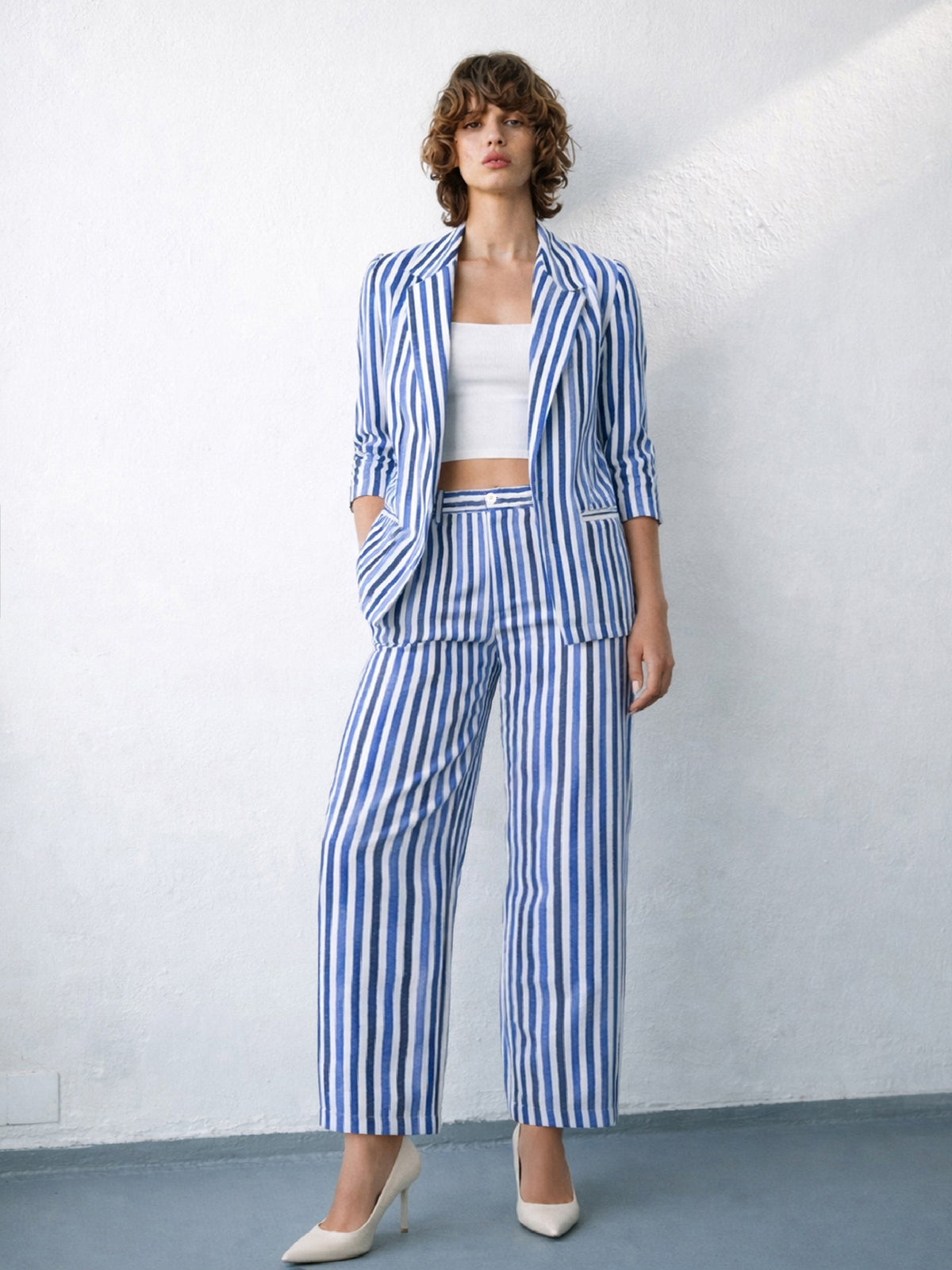 Blue Linen Striped Front Open Blazer With Slouchy Pants-SASSAFRAS worklyf