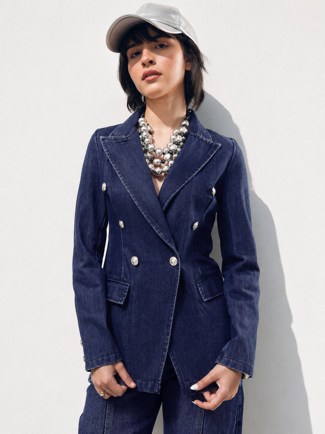 Navy Denim Double Breasted Full Sleeves Blazer -SASSAFRAS