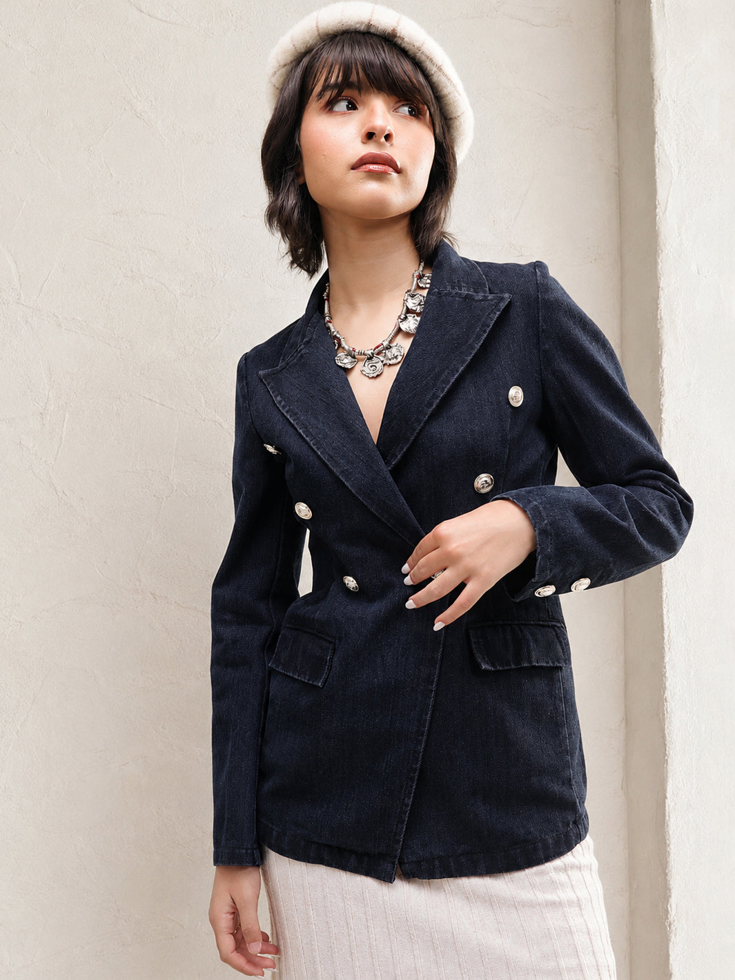 Black Denim Double Breasted Full Sleeves Blazer -SASSAFRAS