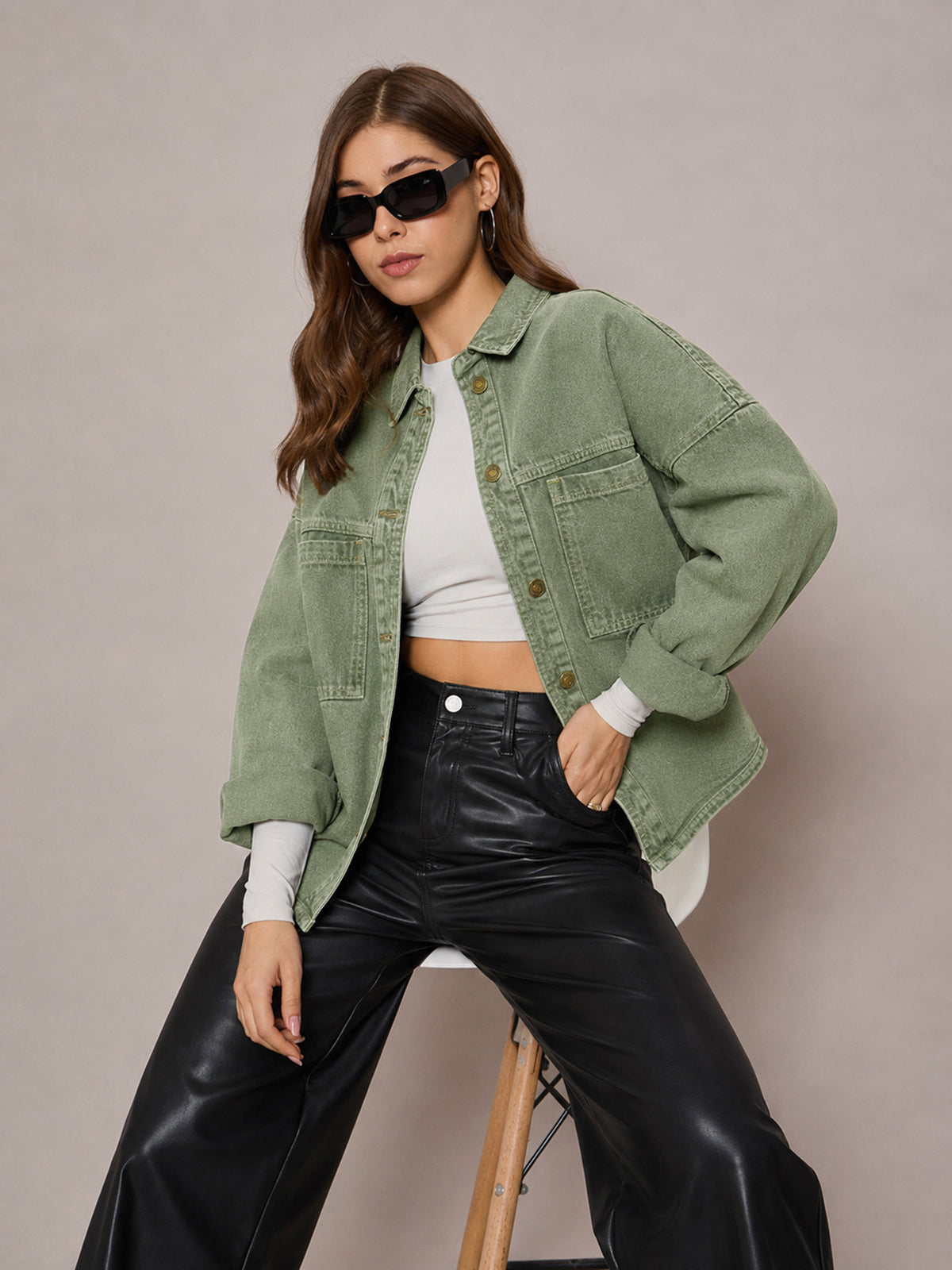 Green Denim Oversized Jacket-SASSAFRAS BASICS