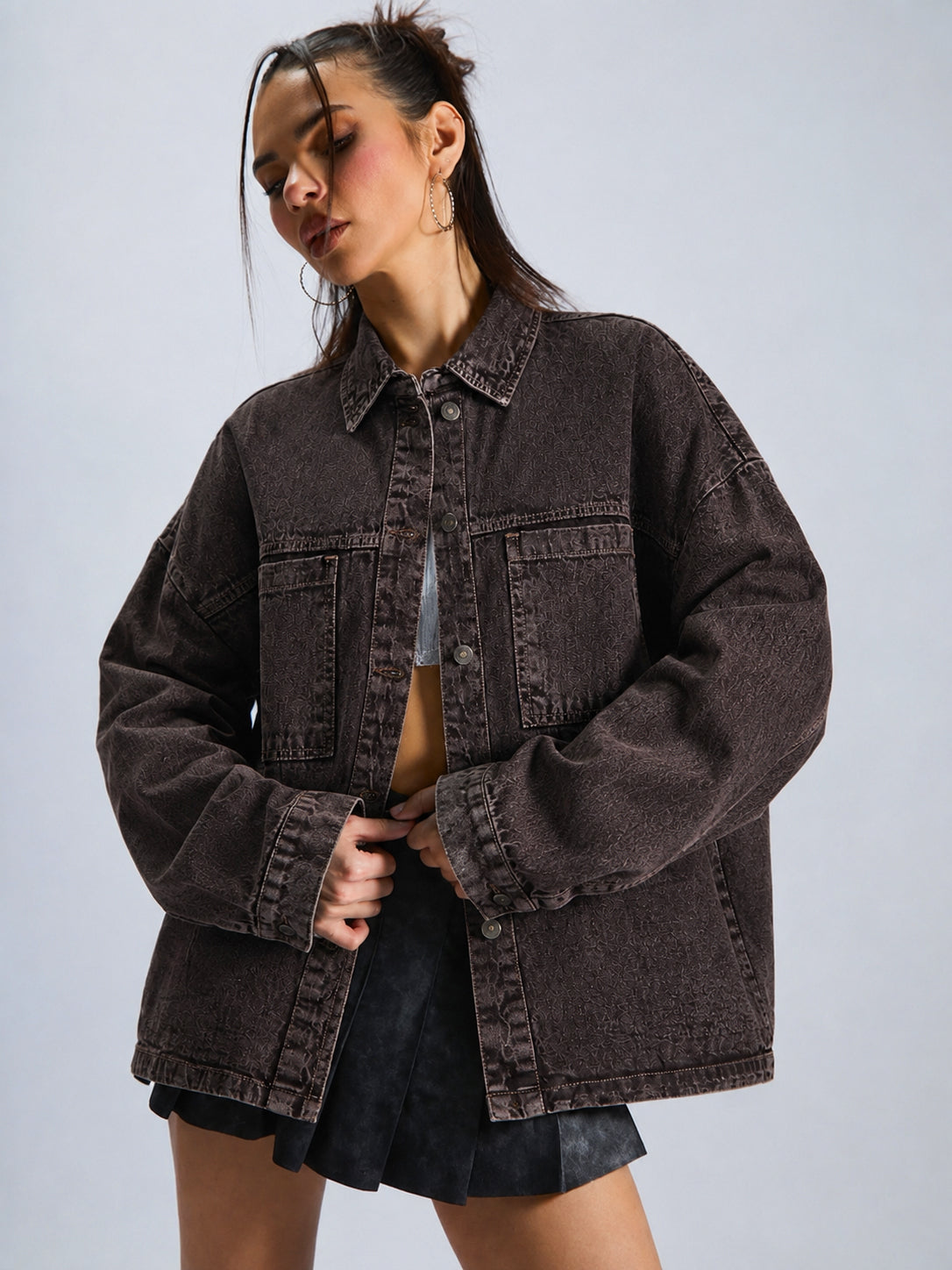 Brown Denim Oversized Jacket-SASSAFRAS BASICS