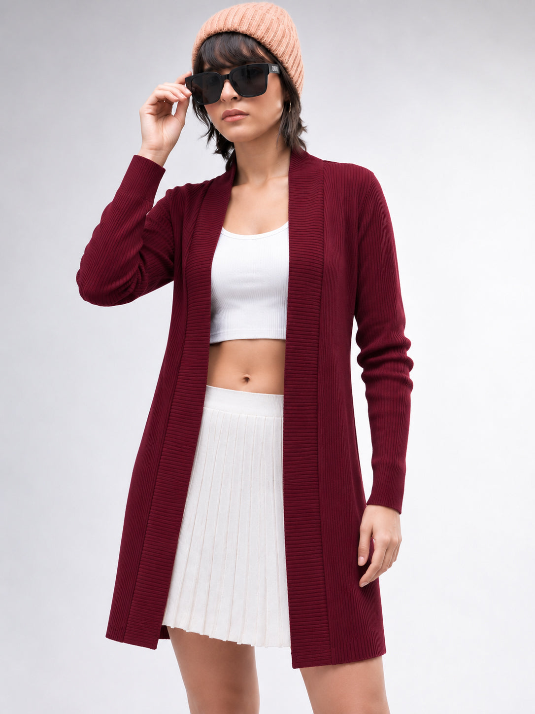 Maroon Full Sleeves Rib Shrug-SASSAFRAS BASICS