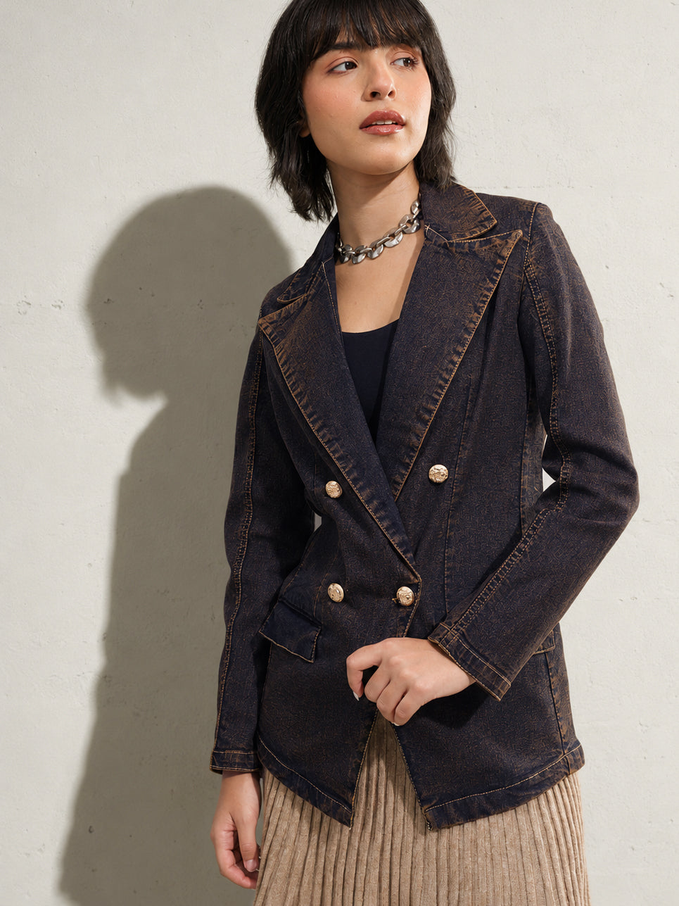 Navy With Green Acid Wash Notch Collar Oversize Blazer -SASSAFRAS