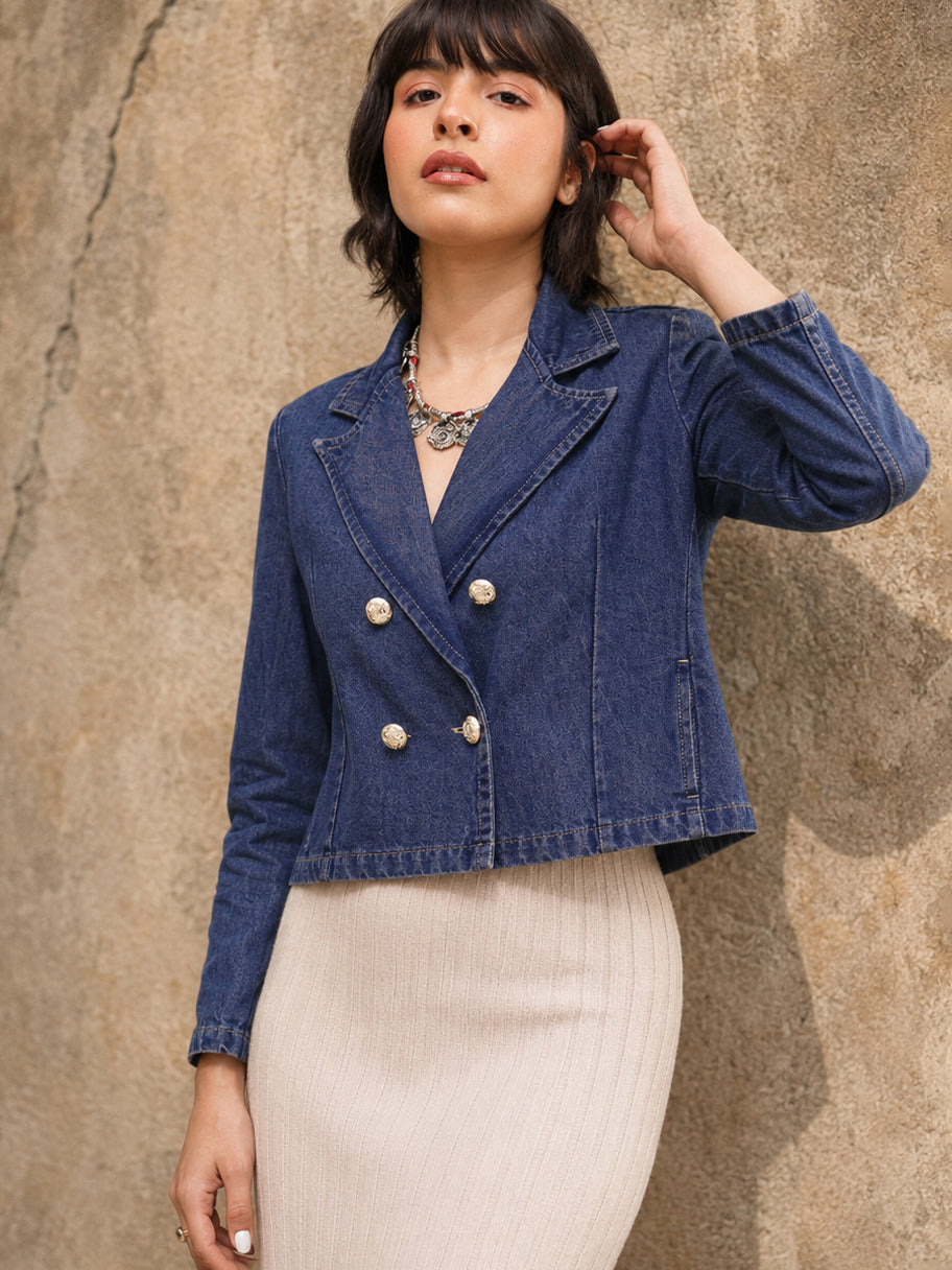 Blue Washed Denim Notch Collar Crop Blazer -SASSAFRAS