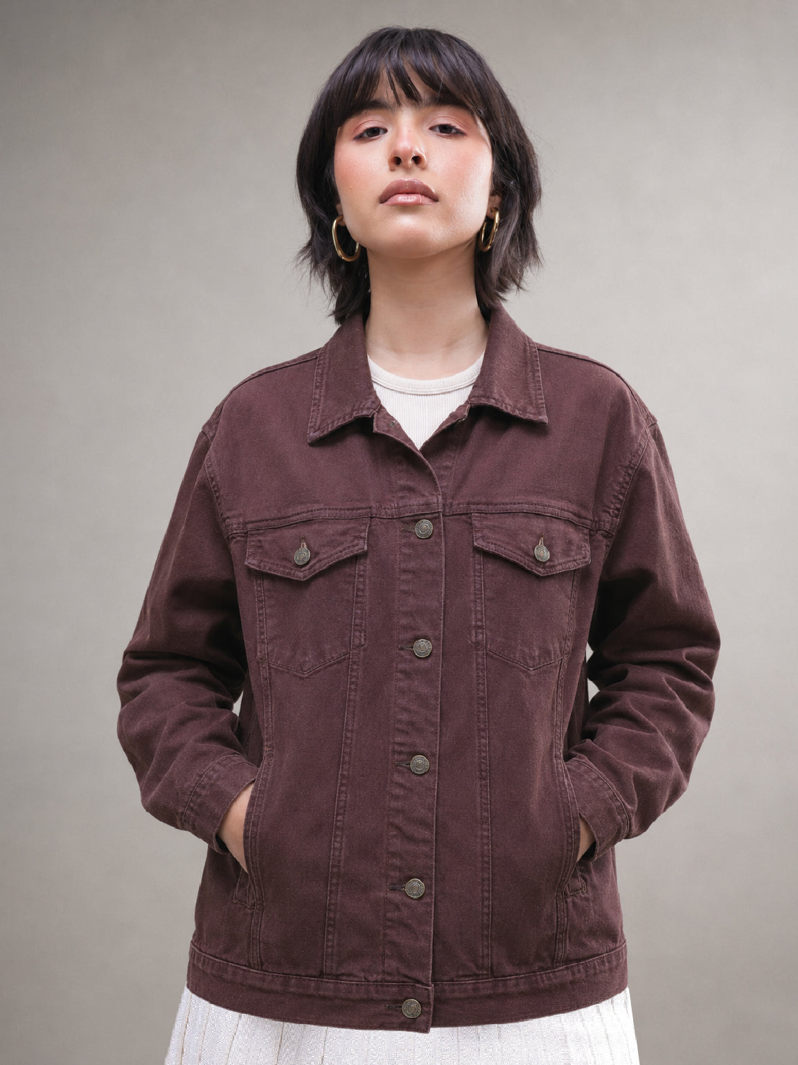 Brown Wash Denim Oversized Jacket-SASSAFRAS