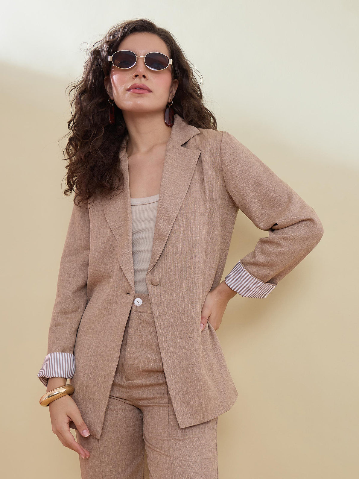 Beige Linen Single Breasted Blazer With Pants-SASSAFRAS worklyf