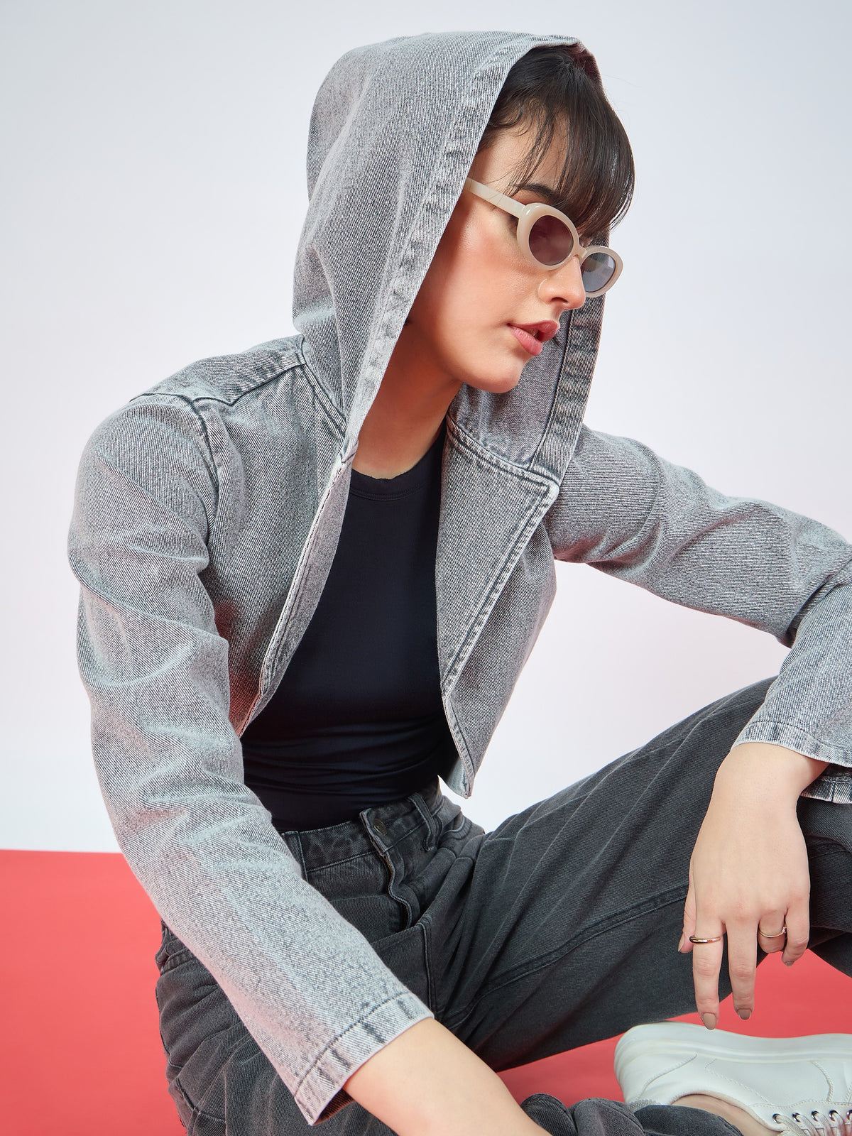 Vintage Grey Denim Front Open Hooded Crop Jacket-SASSAFRAS