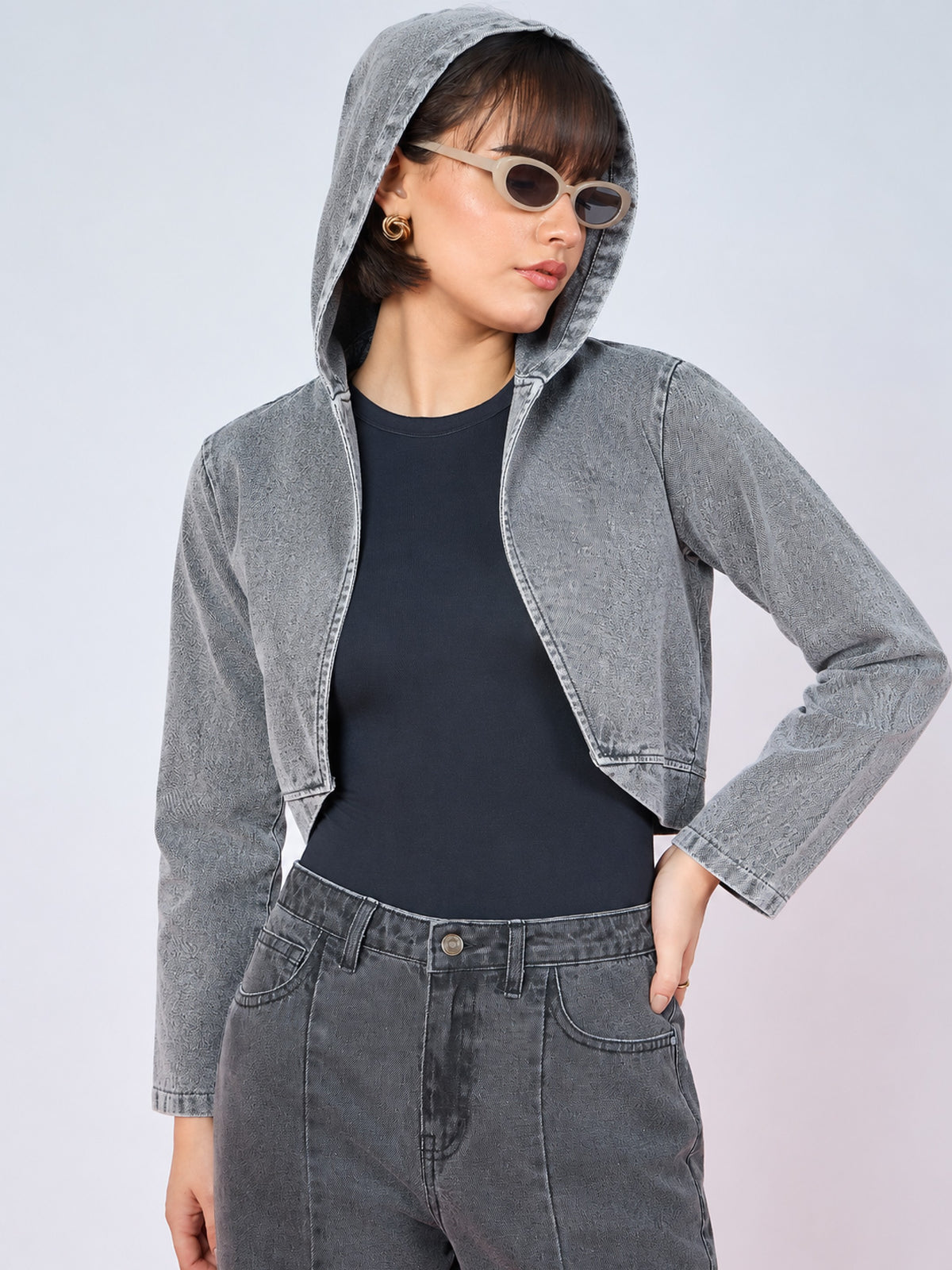 Vintage Grey Denim Front Open Hooded Crop Jacket-SASSAFRAS
