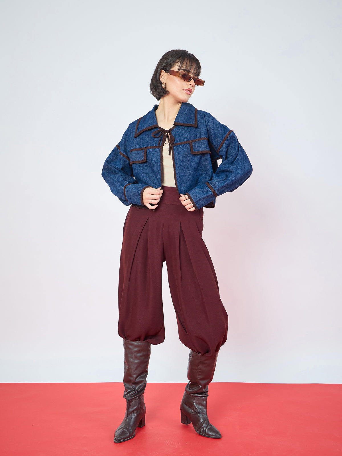 Women Blue Denim Front Tie Contrast Detail Jacket